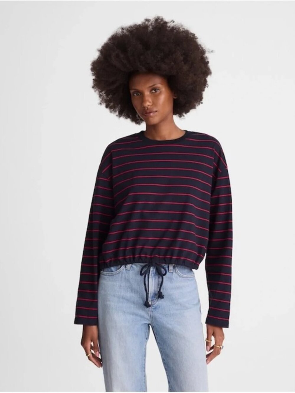 Madewell Navy/Red Striped Long Sleeve Crewneck Tie Waist Top M NWT